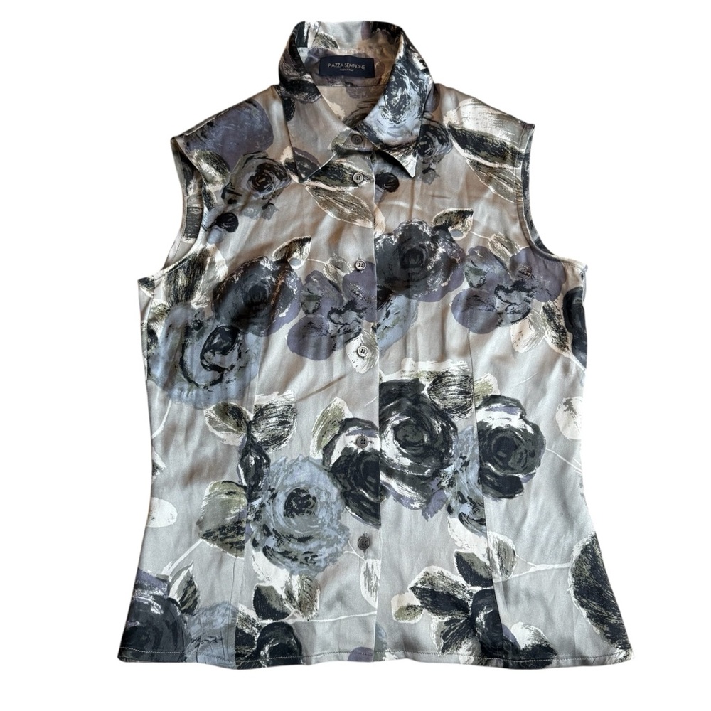 Piazza Sempione Size 2 Sleeveless Silk Button Up Vest Gray Rosette Floral Print